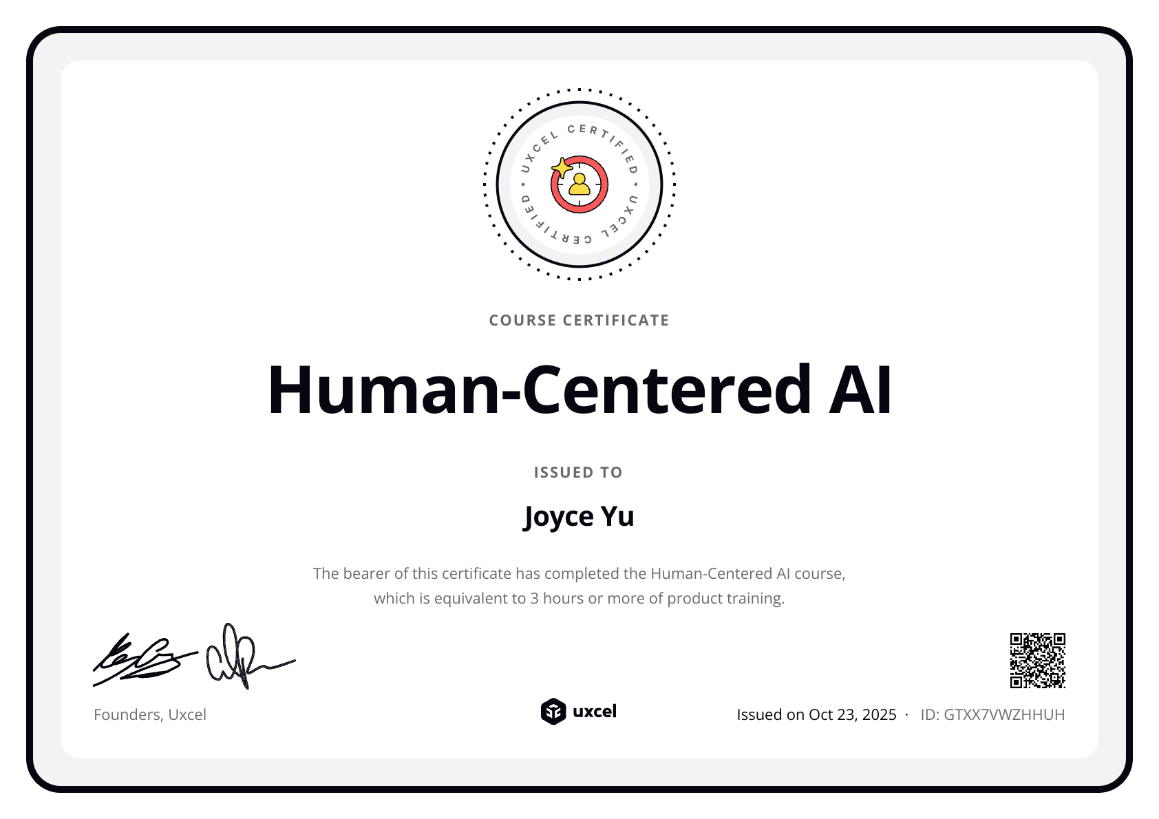 Joyce Yu's certificate